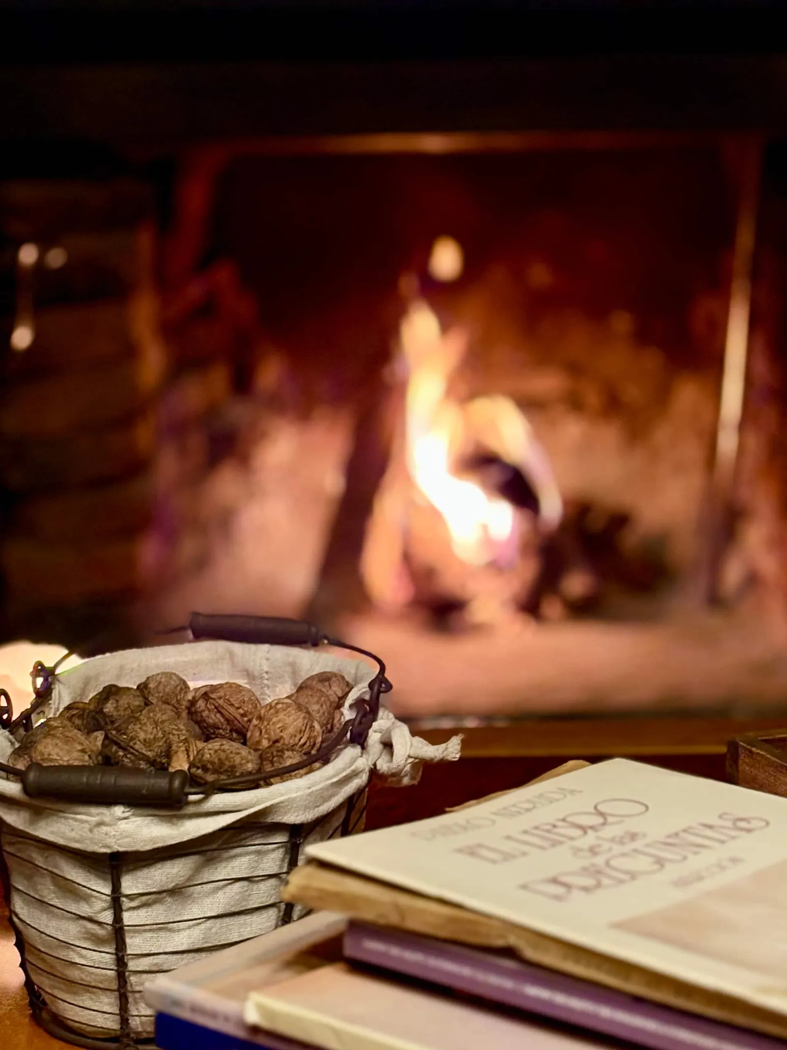 Piñones y libros junto al fuego