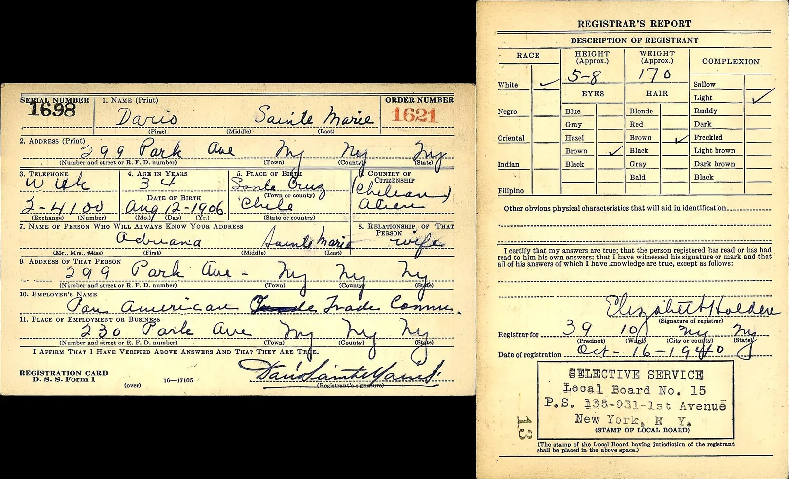 Su registro de servicio selectivo en Nueva York, durante la Segunda Guerra